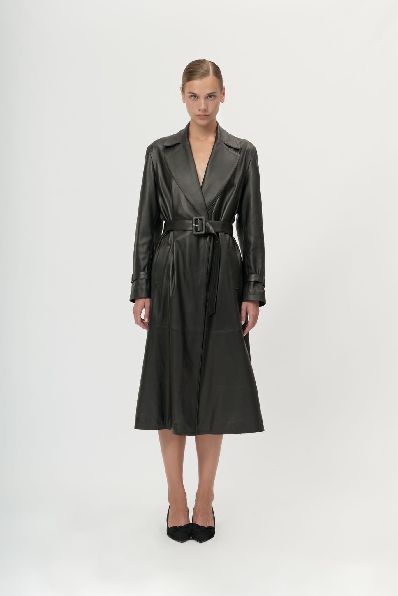 Leather Trench Coat - Black - Arrita Studio